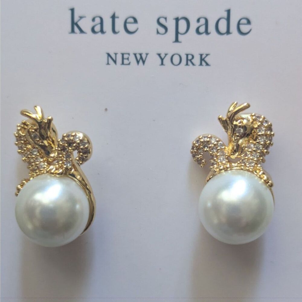 New Kate Spade Gold Dazzling Dragon Pearl Stud Earrings